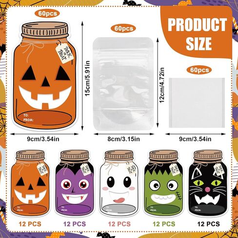 60 Pack Halloween Mason Jar Cards for Kids Exchange Gift Cards with Treat Bags Halloween Candy Holder Card Trick or Treat Classroom Goodie Bag for School Prize Gift Party Favors (Candy Not Included) in Saudi Arabia