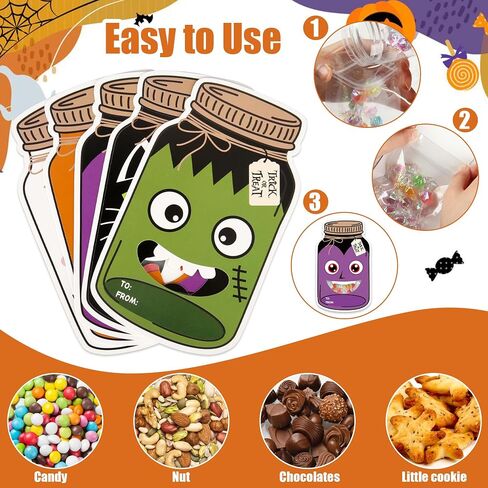 60 Pack Halloween Mason Jar Cards for Kids Exchange Gift Cards with Treat Bags Halloween Candy Holder Card Trick or Treat Classroom Goodie Bag for School Prize Gift Party Favors (Candy Not Included) in Saudi Arabia