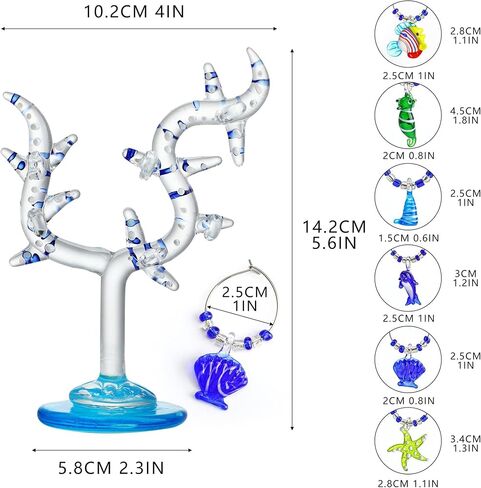 HDCRYSTALGIFTS شجرة مرجانية زجاجية مقاس 5.5 بوصة مع زخارف ساحرة للنبيذ - مجموعة من 6 صانعات زجاج نبيذ للحياة البحرية لعيد الميلاد ورأس السنة الجديدة وحفلات تذوق الهدايا in Kuwait