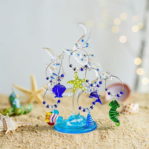 HDCRYSTALGIFTS شجرة مرجانية زجاجية مقاس 5.5 بوصة مع زخارف ساحرة للنبيذ - مجموعة من 6 صانعات زجاج نبيذ للحياة البحرية لعيد الميلاد ورأس السنة الجديدة وحفلات تذوق الهدايا in Kuwait