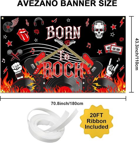 Avezano Born to Rock Banner 1950's Rock & Roll Birthday Party Decorations Black and Red Music Musis in Saudi Arabia