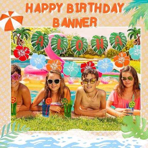 TaoBary Pink Blue Cartoon Happy Birthday Banner Cartoon Tropical Luau Birthday Party Decorations Light Blue Pink Cute Girls Boy Party Supplies for Kids Wall Hanging Baby Shower in Saudi Arabia