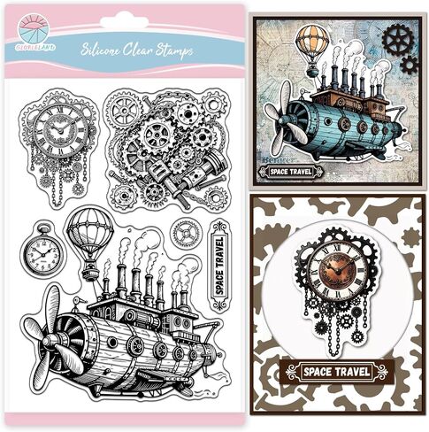 GLOBLELAND Vintage Steampunk Spaceship Gears Clear Stamps Mechanical Clock Transparent Stamps Hot Air Balloon Silicone Stamp for DIY Scrapbooking Photo Album Decorative Cards Making 6.3x4.3in in Saudi Arabia
