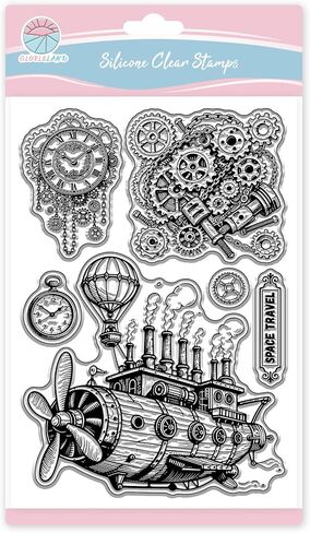 GLOBLELAND Vintage Steampunk Spaceship Gears Clear Stamps Mechanical Clock Transparent Stamps Hot Air Balloon Silicone Stamp for DIY Scrapbooking Photo Album Decorative Cards Making 6.3x4.3in in Saudi Arabia