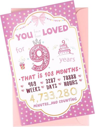 9th Birthday Card with Envelope for Girls, Beautiful 9 Year Old Happy Birthday Gift Card Party Table Display Decoration for Daughter Granddaughter Niece in Saudi Arabia