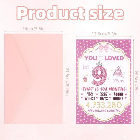 9th Birthday Card with Envelope for Girls, Beautiful 9 Year Old Happy Birthday Gift Card Party Table Display Decoration for Daughter Granddaughter Niece in Saudi Arabia
