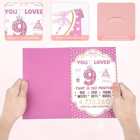 9th Birthday Card with Envelope for Girls, Beautiful 9 Year Old Happy Birthday Gift Card Party Table Display Decoration for Daughter Granddaughter Niece in Saudi Arabia