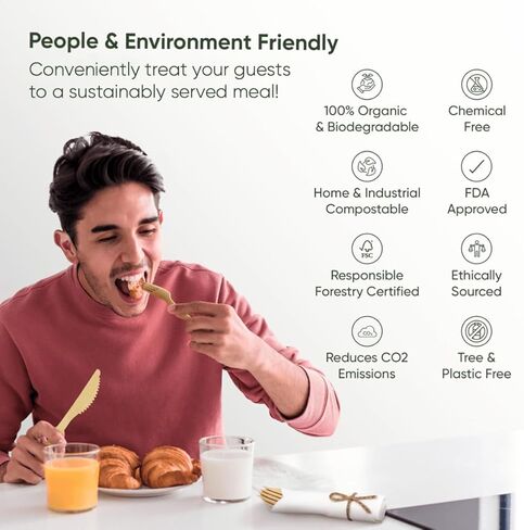 مجموعة أدوات المائدة والمناديل والخيزران الممتازة (50 عبوة، 200 قطعة) أدوات مائدة ملفوفة قابلة للتحلل البيولوجي بنسبة 100%، صديقة للبيئة، للاستعمال مرة واحدة - تتضمن شوك وسكاكين وملاعق ومناديل من الخيزران ملفوفة مسبقًا in Kuwait