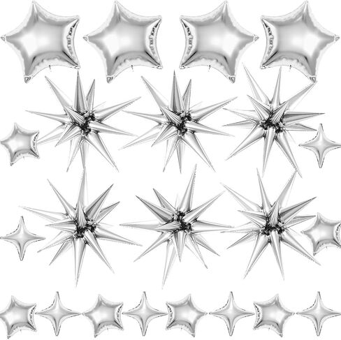 22 PCS Silver Star Balloons ، 22/18/10 بوصة النجمة رقائق البالون مايلار ، والبالون سبايك وأربعة بالونات مدببة لمستلزمات حفلات عيد ميلاد عيد ميلاد (فضية) in Kuwait