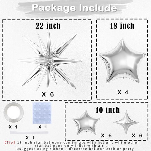 22 PCS Silver Star Balloons ، 22/18/10 بوصة النجمة رقائق البالون مايلار ، والبالون سبايك وأربعة بالونات مدببة لمستلزمات حفلات عيد ميلاد عيد ميلاد (فضية) in Kuwait