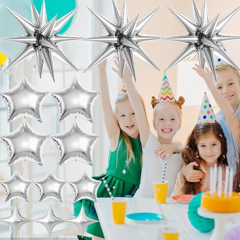 22 PCS Silver Star Balloons ، 22/18/10 بوصة النجمة رقائق البالون مايلار ، والبالون سبايك وأربعة بالونات مدببة لمستلزمات حفلات عيد ميلاد عيد ميلاد (فضية) in Kuwait