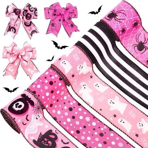Whaline 5 Rolls Halloween Wired Edge Ribbons Boo Ghost Spider Web Dots Stripe Craft Ribbon Pink Black Fabric Wrapping Ribbon for Bow Wreath Party Home Decor, 2.5 Inch, 30 Yards in Saudi Arabia