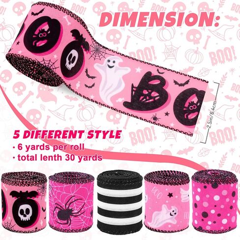 Whaline 5 Rolls Halloween Wired Edge Ribbons Boo Ghost Spider Web Dots Stripe Craft Ribbon Pink Black Fabric Wrapping Ribbon for Bow Wreath Party Home Decor, 2.5 Inch, 30 Yards in Saudi Arabia