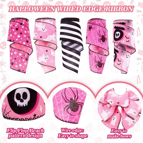 Whaline 5 Rolls Halloween Wired Edge Ribbons Boo Ghost Spider Web Dots Stripe Craft Ribbon Pink Black Fabric Wrapping Ribbon for Bow Wreath Party Home Decor, 2.5 Inch, 30 Yards in Saudi Arabia