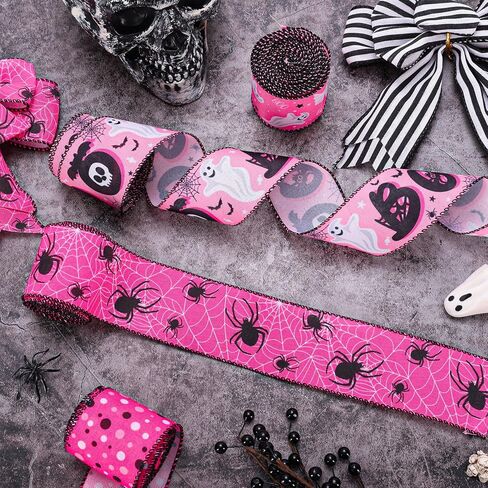 Whaline 5 Rolls Halloween Wired Edge Ribbons Boo Ghost Spider Web Dots Stripe Craft Ribbon Pink Black Fabric Wrapping Ribbon for Bow Wreath Party Home Decor, 2.5 Inch, 30 Yards in Saudi Arabia
