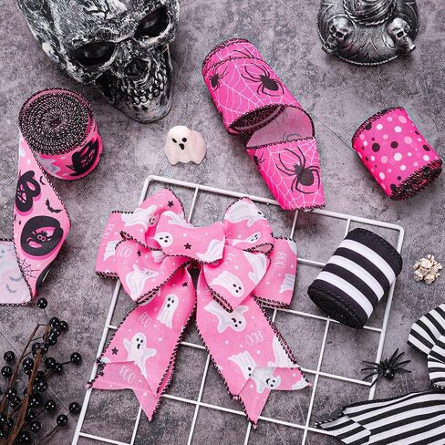 Whaline 5 Rolls Halloween Wired Edge Ribbons Boo Ghost Spider Web Dots Stripe Craft Ribbon Pink Black Fabric Wrapping Ribbon for Bow Wreath Party Home Decor, 2.5 Inch, 30 Yards in Saudi Arabia