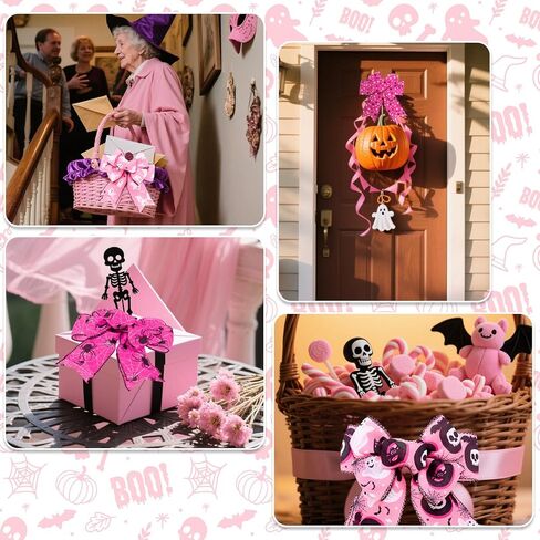 Whaline 5 Rolls Halloween Wired Edge Ribbons Boo Ghost Spider Web Dots Stripe Craft Ribbon Pink Black Fabric Wrapping Ribbon for Bow Wreath Party Home Decor, 2.5 Inch, 30 Yards in Saudi Arabia