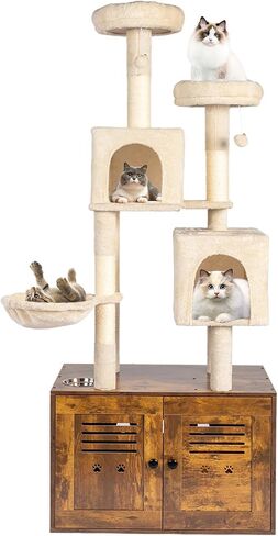 Bonnlo Barge Cat Tree مع صندوق القمامة ، وبرج Cat Wooden Cat All-in-1 ، و 70 بوصة منازل Caats الداخلية ، و Contens Condo Wih Screading Posts ، و Hidden Cat Room Furniture in Kuwait