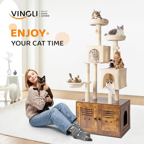 Bonnlo Barge Cat Tree مع صندوق القمامة ، وبرج Cat Wooden Cat All-in-1 ، و 70 بوصة منازل Caats الداخلية ، و Contens Condo Wih Screading Posts ، و Hidden Cat Room Furniture in Kuwait