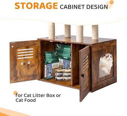 Bonnlo Barge Cat Tree مع صندوق القمامة ، وبرج Cat Wooden Cat All-in-1 ، و 70 بوصة منازل Caats الداخلية ، و Contens Condo Wih Screading Posts ، و Hidden Cat Room Furniture in Kuwait