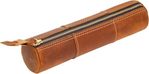 ECHSRT Genuine Leather Pencil Case, Full-Grain Cowhide Leather Pouch, Small Pencil Pouch for Men, Vintage Pen Bag for Adults, Stationery Organizer Case for Work & Travel-Cylinder-Black in Kuwait