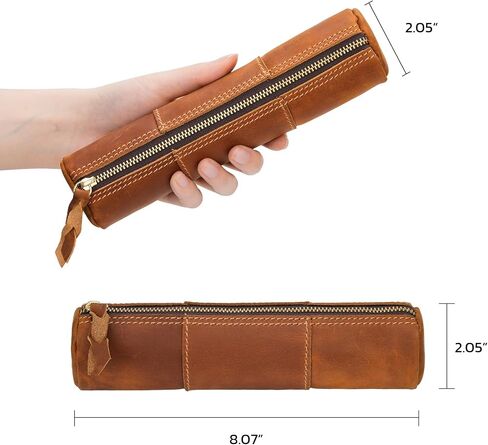 ECHSRT Genuine Leather Pencil Case, Full-Grain Cowhide Leather Pouch, Small Pencil Pouch for Men, Vintage Pen Bag for Adults, Stationery Organizer Case for Work & Travel-Cylinder-Black in Kuwait