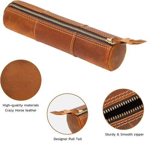 ECHSRT Genuine Leather Pencil Case, Full-Grain Cowhide Leather Pouch, Small Pencil Pouch for Men, Vintage Pen Bag for Adults, Stationery Organizer Case for Work & Travel-Cylinder-Black in Kuwait
