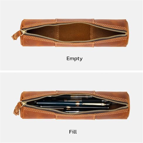 ECHSRT Genuine Leather Pencil Case, Full-Grain Cowhide Leather Pouch, Small Pencil Pouch for Men, Vintage Pen Bag for Adults, Stationery Organizer Case for Work & Travel-Cylinder-Black in Kuwait