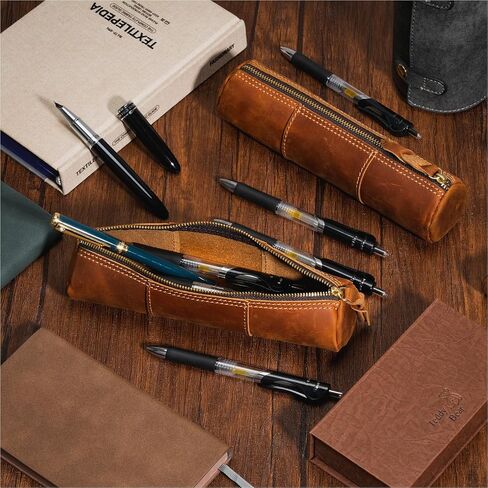 ECHSRT Genuine Leather Pencil Case, Full-Grain Cowhide Leather Pouch, Small Pencil Pouch for Men, Vintage Pen Bag for Adults, Stationery Organizer Case for Work & Travel-Cylinder-Black in Kuwait