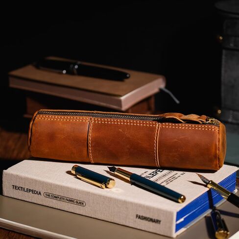 ECHSRT Genuine Leather Pencil Case, Full-Grain Cowhide Leather Pouch, Small Pencil Pouch for Men, Vintage Pen Bag for Adults, Stationery Organizer Case for Work & Travel-Cylinder-Black in Kuwait