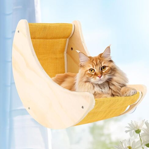 Cats Window Beds Moon Perches Seat for Indoor Cat, Wooden Moon Cat Hammock Shelves Mounted with Cushion & Suction Cups, Cordless Cats Furniture for Sleep and Watch Birds for Windowsill in Kuwait