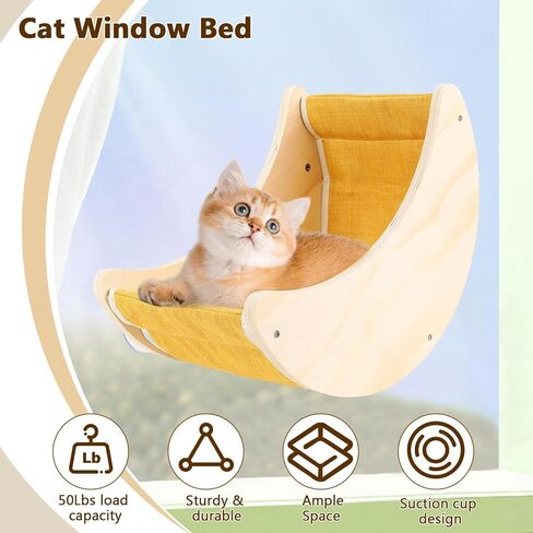 Cats Window Beds Moon Perches Seat for Indoor Cat, Wooden Moon Cat Hammock Shelves Mounted with Cushion & Suction Cups, Cordless Cats Furniture for Sleep and Watch Birds for Windowsill in Kuwait