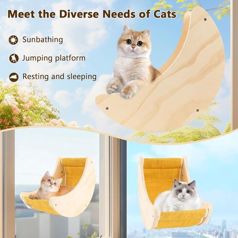Cats Window Beds Moon Perches Seat for Indoor Cat, Wooden Moon Cat Hammock Shelves Mounted with Cushion & Suction Cups, Cordless Cats Furniture for Sleep and Watch Birds for Windowsill in Kuwait