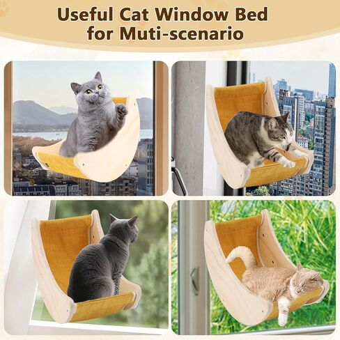Cats Window Beds Moon Perches Seat for Indoor Cat, Wooden Moon Cat Hammock Shelves Mounted with Cushion & Suction Cups, Cordless Cats Furniture for Sleep and Watch Birds for Windowsill in Kuwait