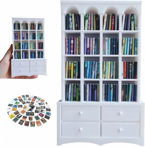 رف كتب مصغرة لإغاثة القلق - 1:12 خزانة كتب عتيقة مع 4 أدراج و 100 كتب صغيرة ، Dollhouse Decord Decor -White in Saudi Arabia