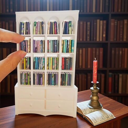 رف كتب مصغرة لإغاثة القلق - 1:12 خزانة كتب عتيقة مع 4 أدراج و 100 كتب صغيرة ، Dollhouse Decord Decor -White in Saudi Arabia