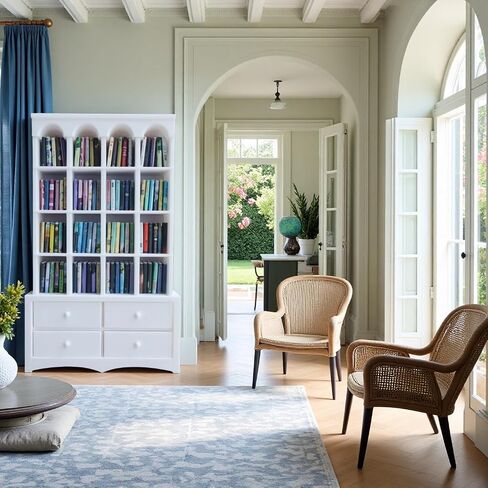 رف كتب مصغرة لإغاثة القلق - 1:12 خزانة كتب عتيقة مع 4 أدراج و 100 كتب صغيرة ، Dollhouse Decord Decor -White in Saudi Arabia