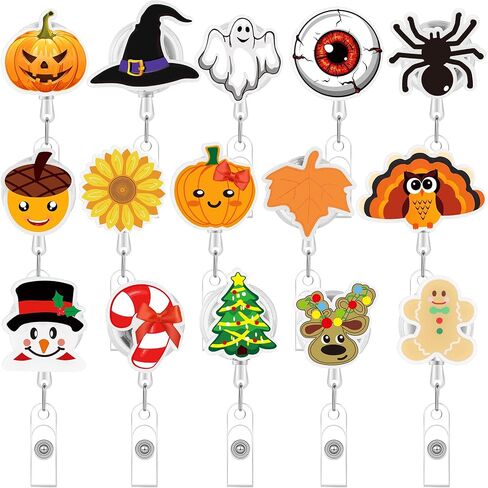 Yexiya 15 Pieces Christmas Cool Holiday Acrylic Nurse Badge Reel Thanksgiving Halloween Retractable Badge Holder ID Name Badge Holder with Clip for Doctors Nurses Teachers Office Supplies in Saudi Arabia