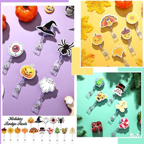 Yexiya 15 Pieces Christmas Cool Holiday Acrylic Nurse Badge Reel Thanksgiving Halloween Retractable Badge Holder ID Name Badge Holder with Clip for Doctors Nurses Teachers Office Supplies in Saudi Arabia