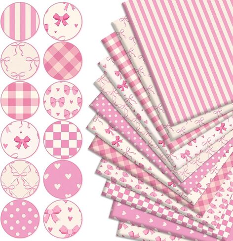 Whaline 12Pcs Pink Bow Cotton Fabric Bundles Bowknot Heart Plaid Dot Stripe Fat Quarters Pink Sewing Fabrics for DIY Handmade Craft Decor, 18 x 22 in in Saudi Arabia