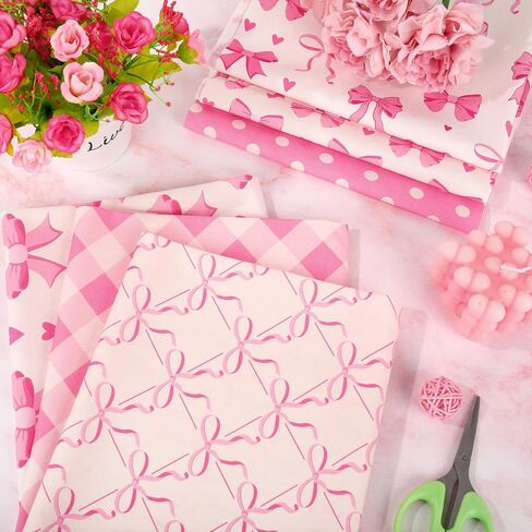 Whaline 12Pcs Pink Bow Cotton Fabric Bundles Bowknot Heart Plaid Dot Stripe Fat Quarters Pink Sewing Fabrics for DIY Handmade Craft Decor, 18 x 22 in in Saudi Arabia