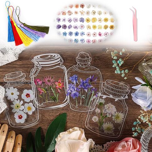 مجموعة مرجعية مرجعية للزهور المجففة DIY - مرجعية مرجعية واضحة مصنوعة يدويًا مع شرابات ملونة ، شريط الدانتيل للهدية الإبداعية (170 جهاز كمبيوتر) in Saudi Arabia