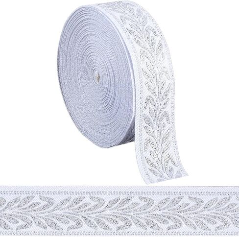 GORGECRAFT 11 Yards x 1 Inch Silver Jacquard Ribbon Vintage Metallic Ethnic Boho Embroidered Trim Roll Double Side Leaf Fabric Sewing Webbing for Clothing DIY Crafts Gift Wrapping Home Curtain Decor in Saudi Arabia