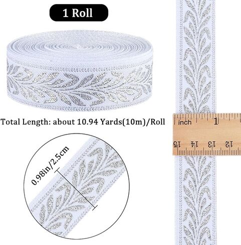 GORGECRAFT 11 Yards x 1 Inch Silver Jacquard Ribbon Vintage Metallic Ethnic Boho Embroidered Trim Roll Double Side Leaf Fabric Sewing Webbing for Clothing DIY Crafts Gift Wrapping Home Curtain Decor in Saudi Arabia