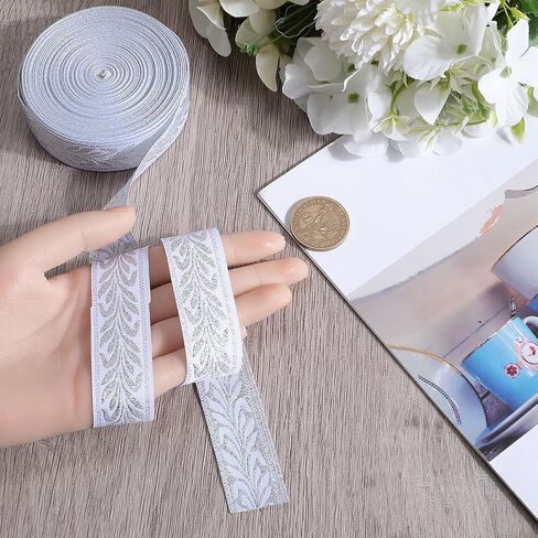 GORGECRAFT 11 Yards x 1 Inch Silver Jacquard Ribbon Vintage Metallic Ethnic Boho Embroidered Trim Roll Double Side Leaf Fabric Sewing Webbing for Clothing DIY Crafts Gift Wrapping Home Curtain Decor in Saudi Arabia