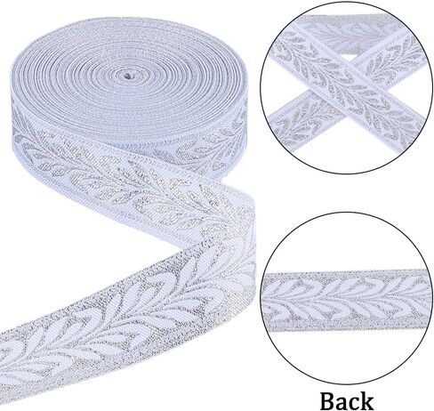 GORGECRAFT 11 Yards x 1 Inch Silver Jacquard Ribbon Vintage Metallic Ethnic Boho Embroidered Trim Roll Double Side Leaf Fabric Sewing Webbing for Clothing DIY Crafts Gift Wrapping Home Curtain Decor in Saudi Arabia