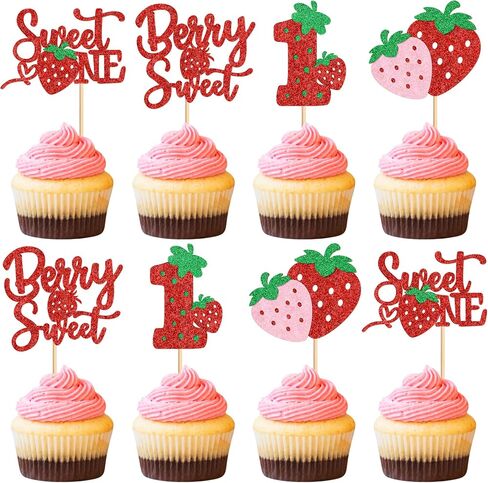 24pcs Strawberry Sweet One Cupcake Toppers Sweet 1st Birthday Strawberry Cupcake Baby Shower Kids الذكرى السنوية in Kuwait