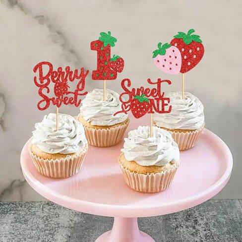 24pcs Strawberry Sweet One Cupcake Toppers Sweet 1st Birthday Strawberry Cupcake Baby Shower Kids الذكرى السنوية in Kuwait