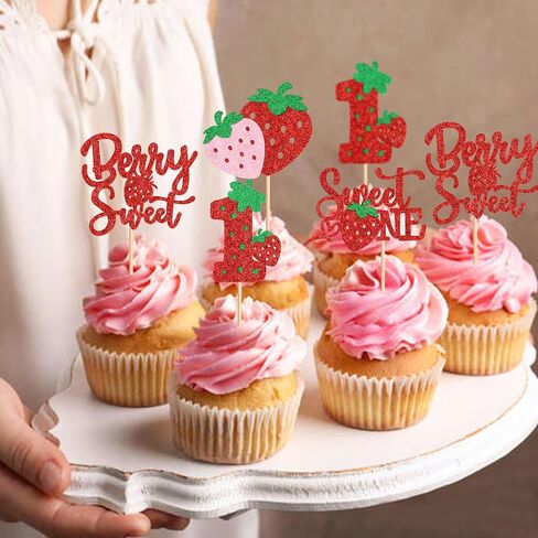 24pcs Strawberry Sweet One Cupcake Toppers Sweet 1st Birthday Strawberry Cupcake Baby Shower Kids الذكرى السنوية in Kuwait
