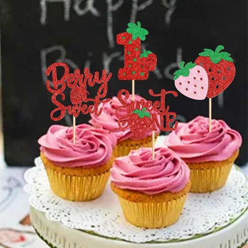 24pcs Strawberry Sweet One Cupcake Toppers Sweet 1st Birthday Strawberry Cupcake Baby Shower Kids الذكرى السنوية in Kuwait
